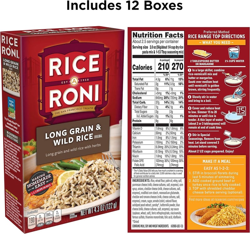 Rice-A-Roni رايس-أ-روني أرز طويل وحبوب برية مع أعشاب، 4.3 أونصة عبوة من 12 - Image 2